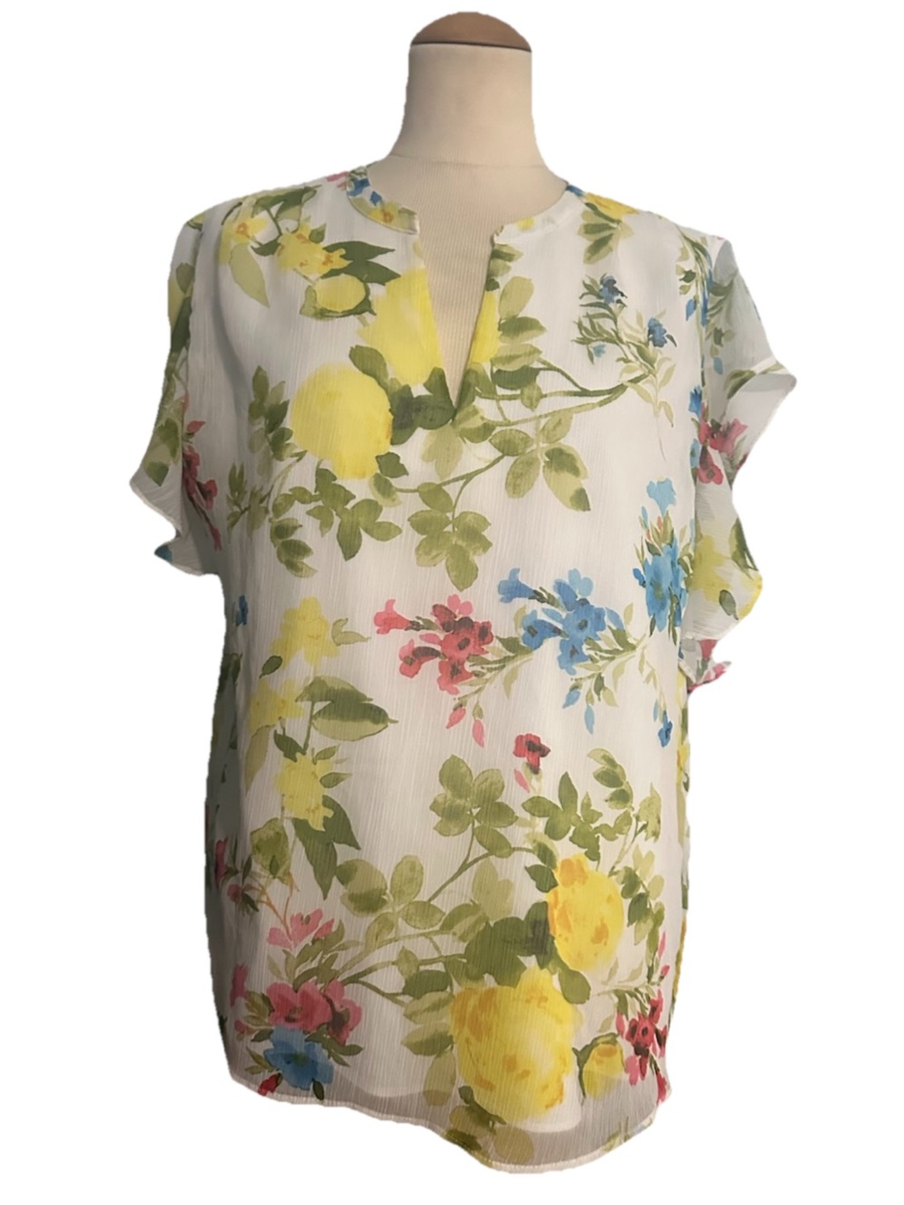 Calvin Klein Floral Split-Neck Flutter Sleeve Blouse Yellow Green Size XL